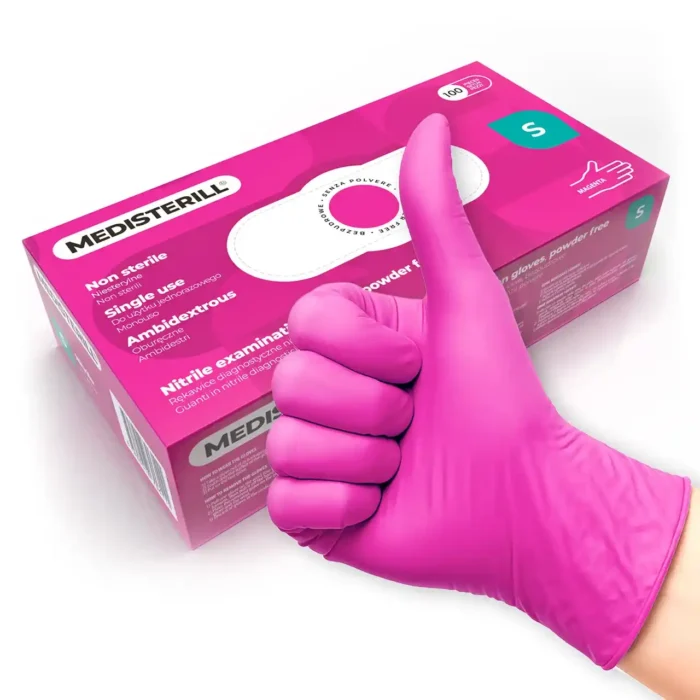 Rękawiczki nitrylowe, bezpudrowe Medisterill, 100szt. rozmiar S, magenta - obrazek 2